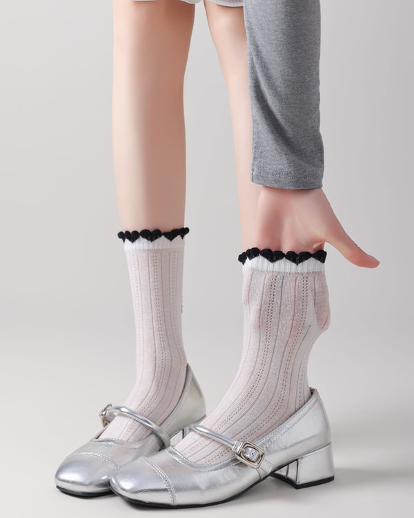Women Crew Socks Ruffle Cuff Heel Label Chic Comfortable - SWEET NANA