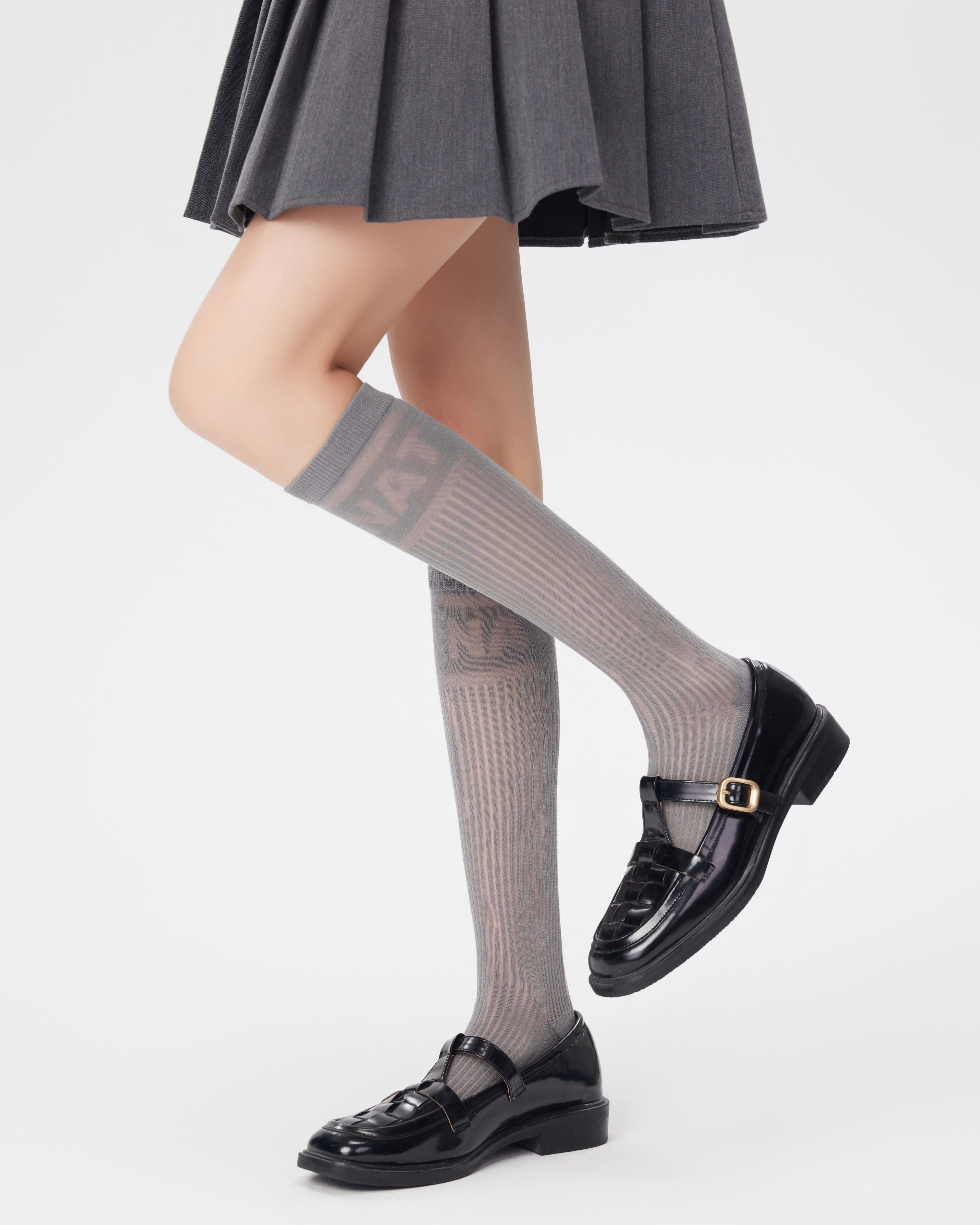 女款過膝襪 薄紗條紋字母圖案 時尚百搭