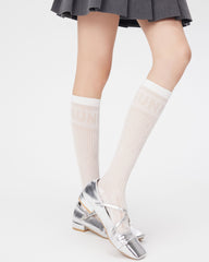 女款過膝襪 薄紗條紋字母圖案 時尚百搭