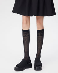 女款過膝襪 薄紗條紋字母圖案 時尚百搭