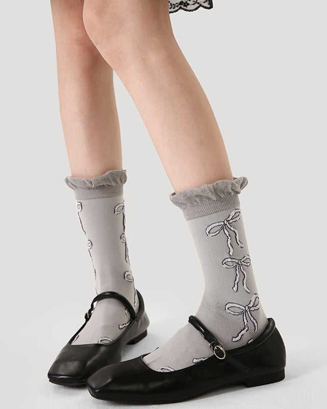 Women Cotton Crew Socks Bow Print Frilly Crimping Ladylike Thick Warm