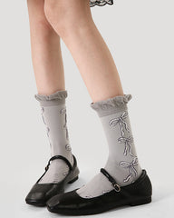 Women Cotton Crew Socks Bow Print Frilly Crimping Ladylike Thick Warm