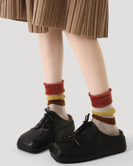 Women's Cotton Crew Socks Plush Contrast Color Stitching Thick Warm Retro