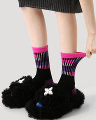 Women's Cotton Crew Socks Vintage Contrast Color Plush Cuff Cozy Warm