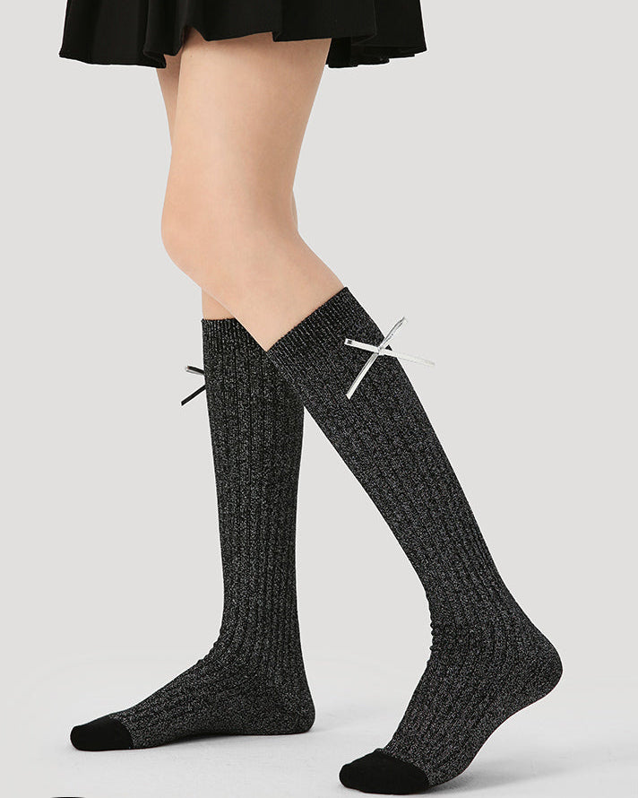 Women's Cotton Knee High Socks Casual Solid with Bow Trendy Cozy