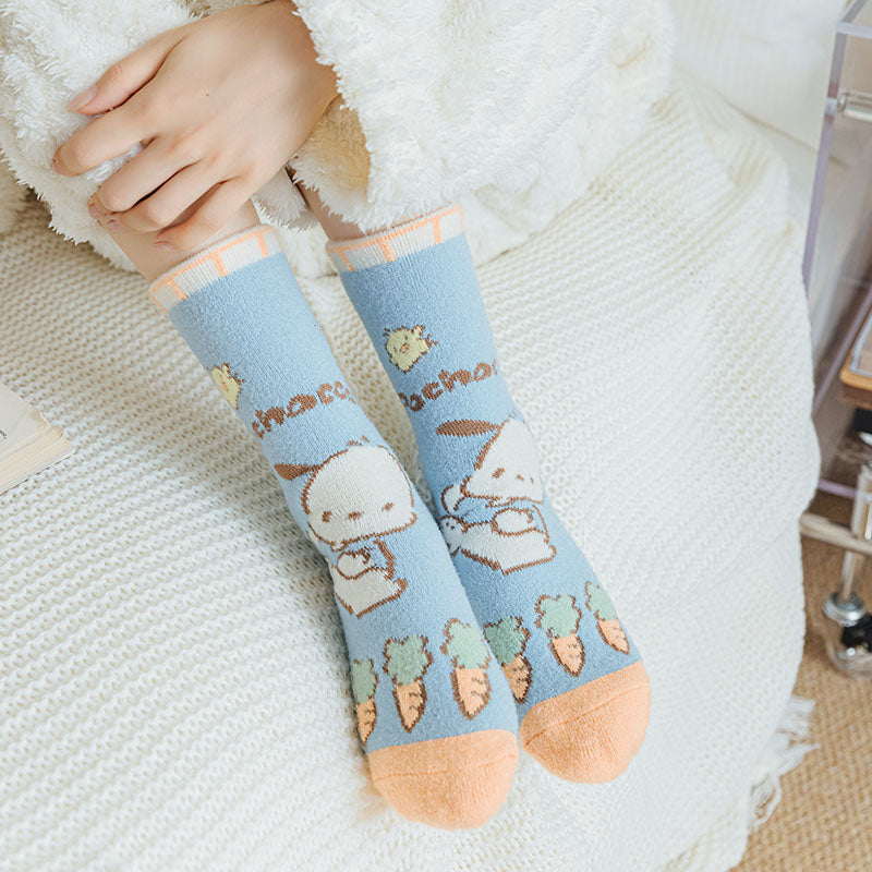 3-Pack Sweetnana Lovely Sanrio Series Cozy Crew Socks - Women's Warm Soft Winter Tube Socks with Sanrio Cartoon Characters.
