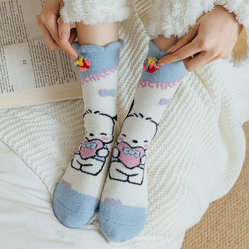 3-Pack Sweetnana Lovely Sanrio Series Cozy Crew Socks - Women's Warm Soft Winter Tube Socks with Sanrio Cartoon Characters.