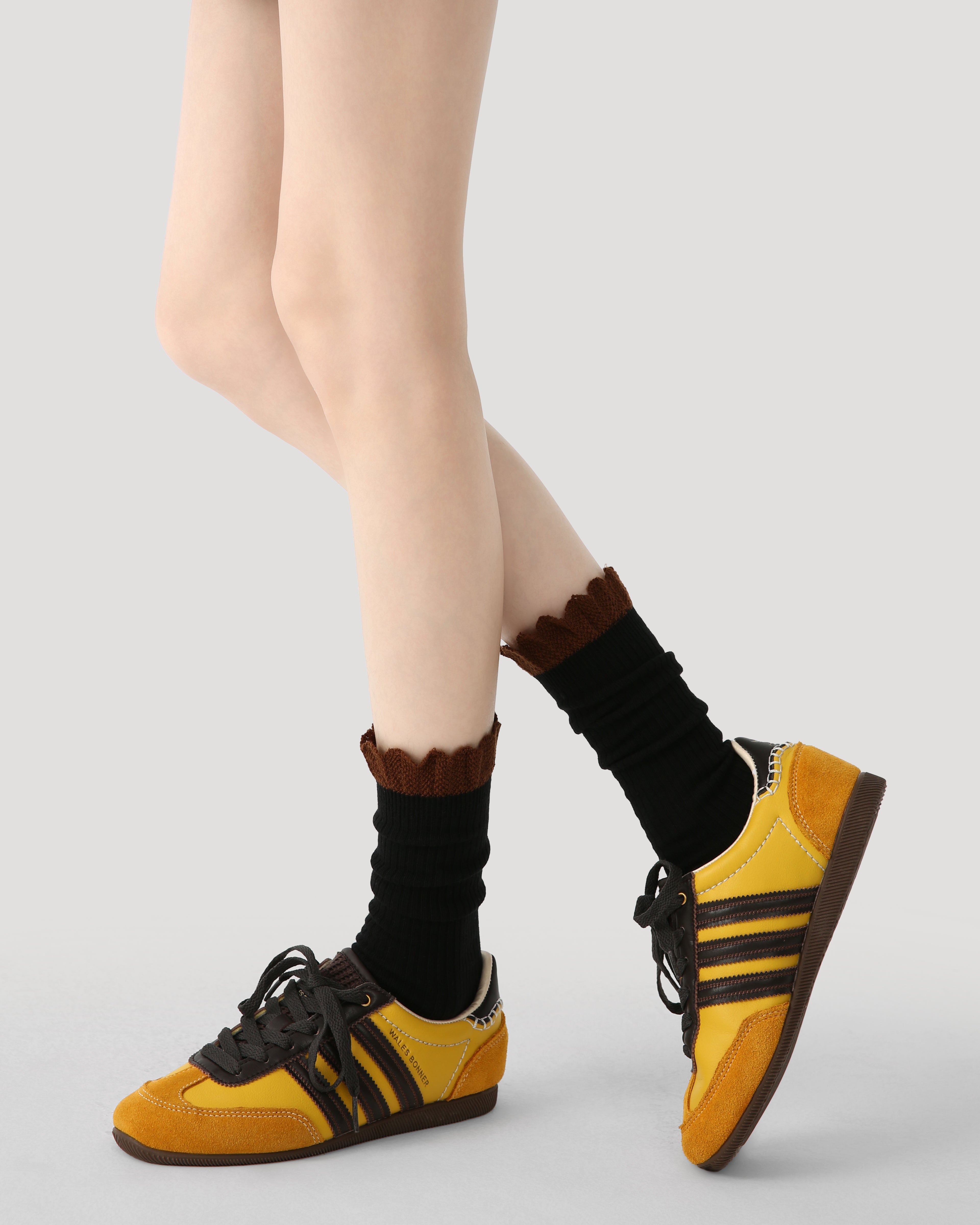 Women's Crew Socks Black Contrast Ruffle Trim Cotton Casual Socks