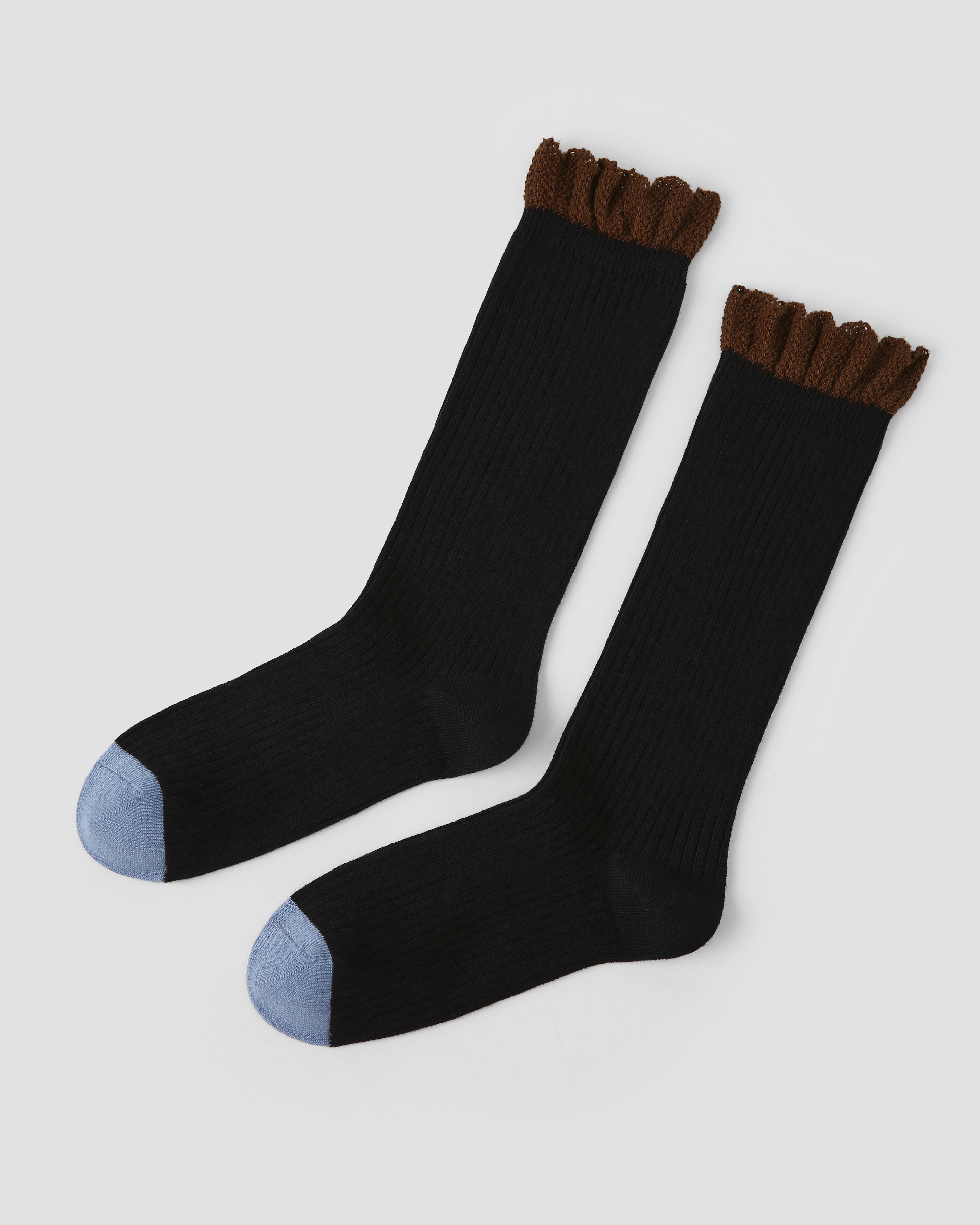 Women's Crew Socks Black Contrast Ruffle Trim Cotton Casual Socks