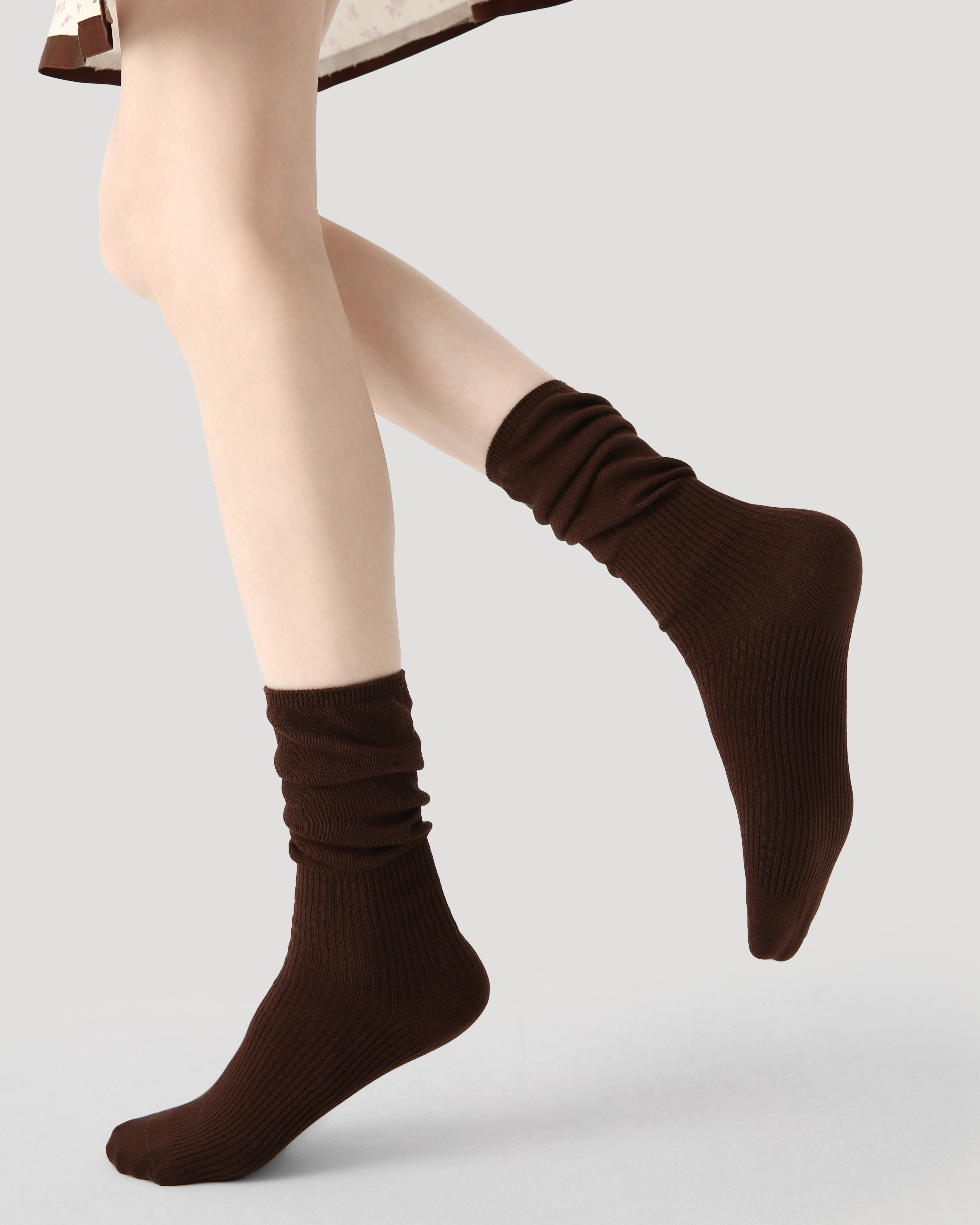 Women's Crew Socks Brown Ribbed Cotton Casual Socks
