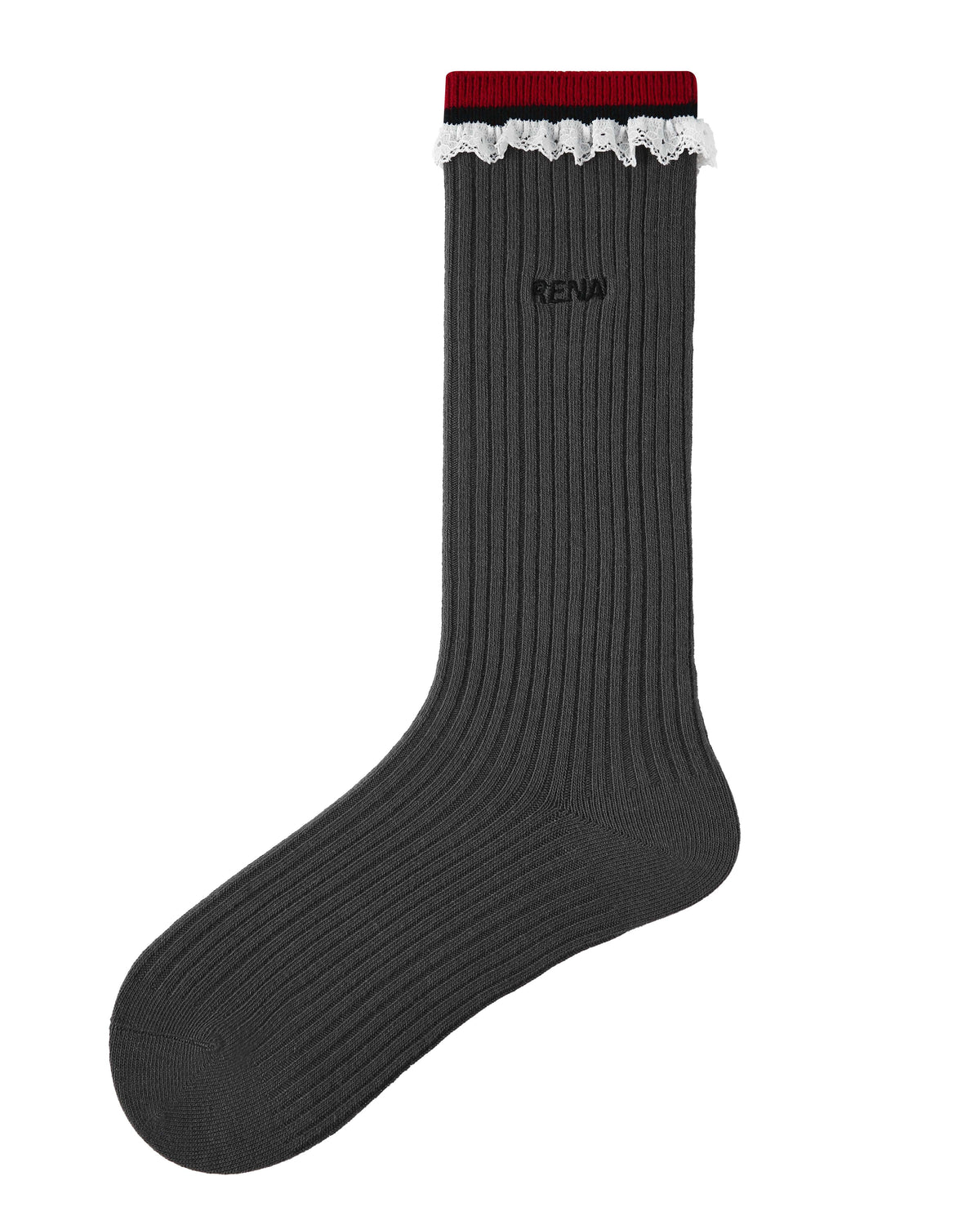 Women's Crew Socks Dark Gray Lace Trim Ribbed Cotton Chic Style