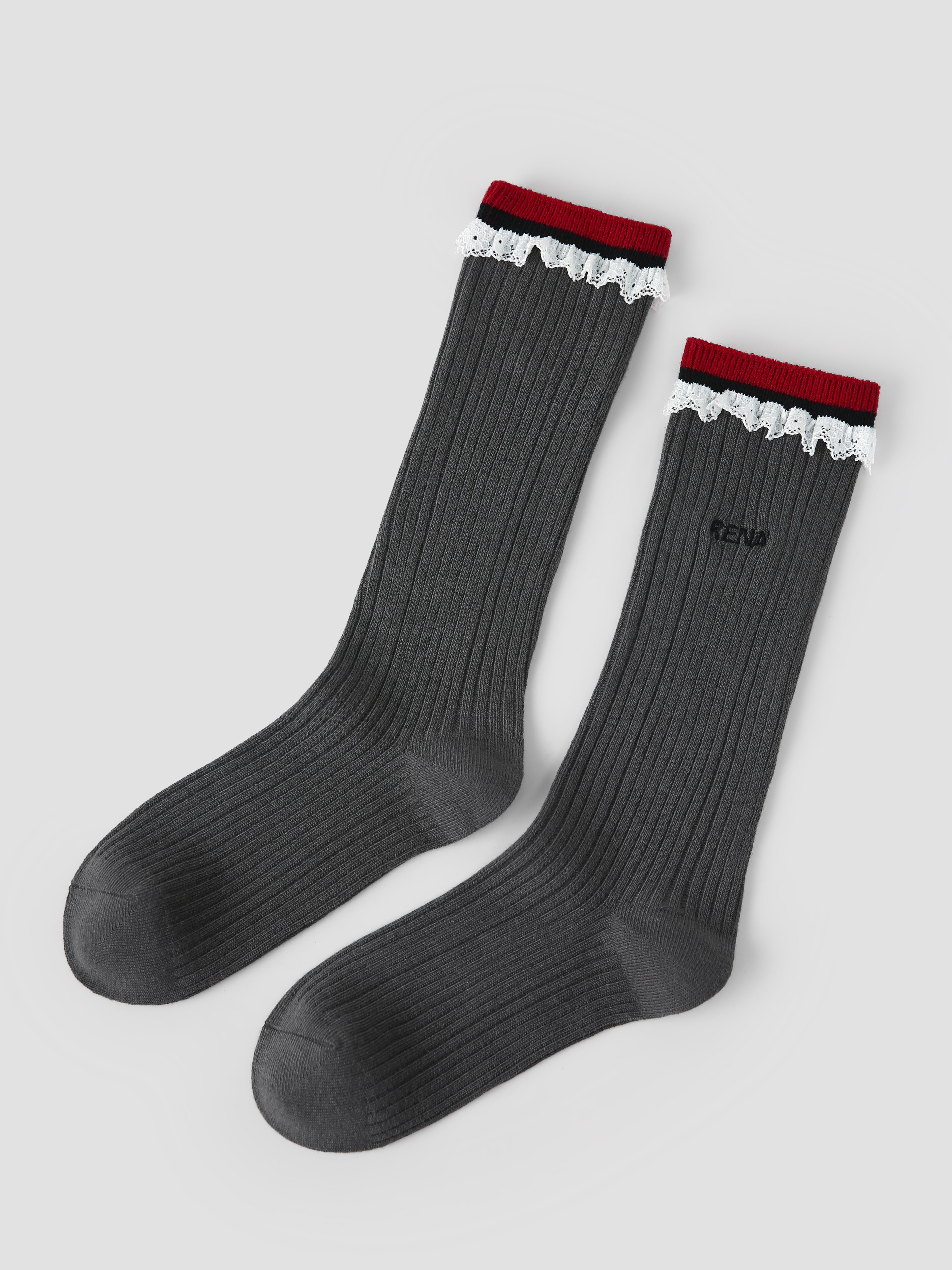 Women's Crew Socks Dark Gray Lace Trim Ribbed Cotton Chic Style