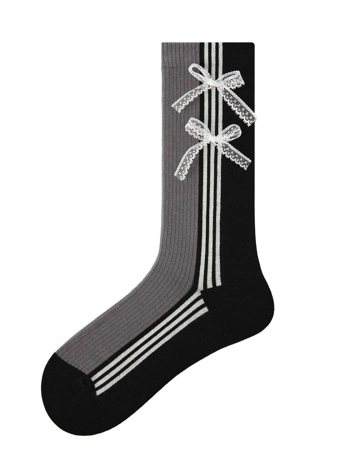 Women's Crew Socks Gray Vertical Stripe Bowknot Ribbed Cotton Chic Style