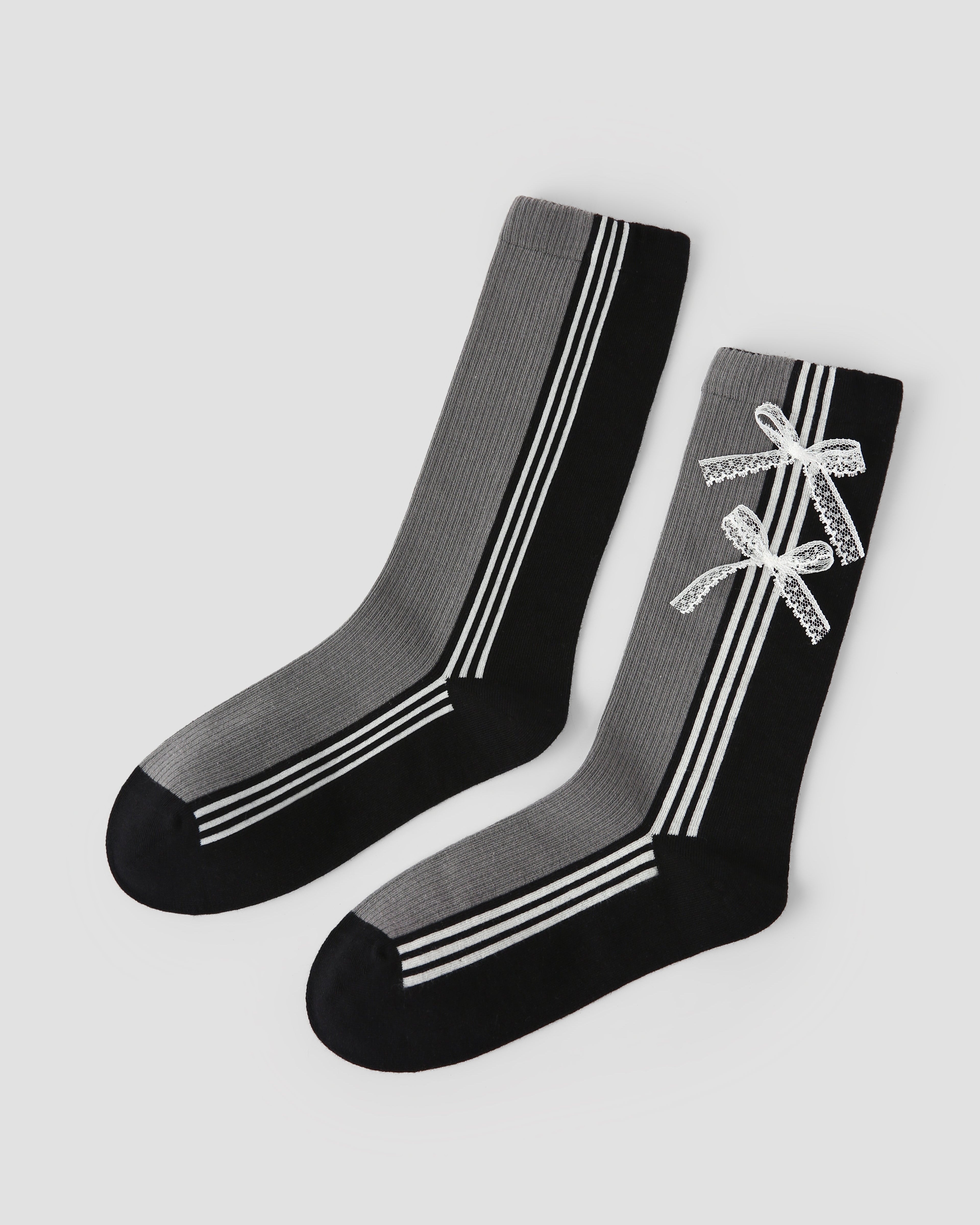 Women's Crew Socks Gray Vertical Stripe Bowknot Ribbed Cotton Chic Style