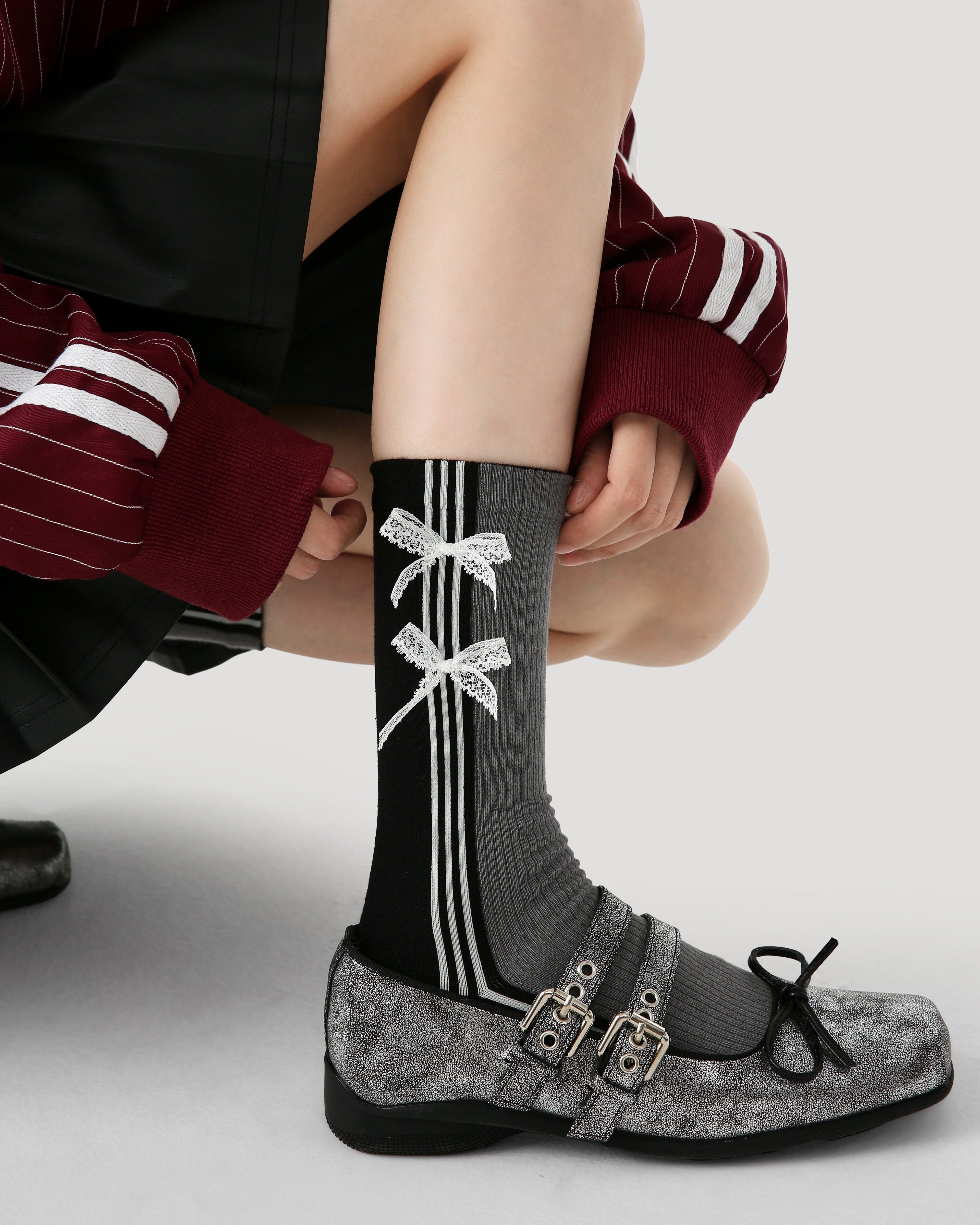 Women's Crew Socks Gray Vertical Stripe Bowknot Ribbed Cotton Chic Style