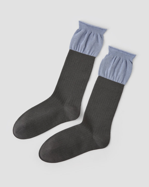 Women Crew Socks Gray and Blue Colorblock Ribbed Cotton Casual - SWEET NANA