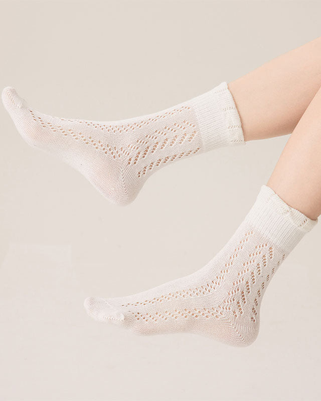 Women's Hollow Mesh Cotton Crew Socks Lace Puff Top Breathable