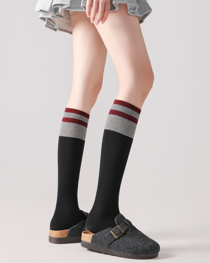 Women Knee High Socks Color Block Ribbed Slim Fit Fashion Versatile