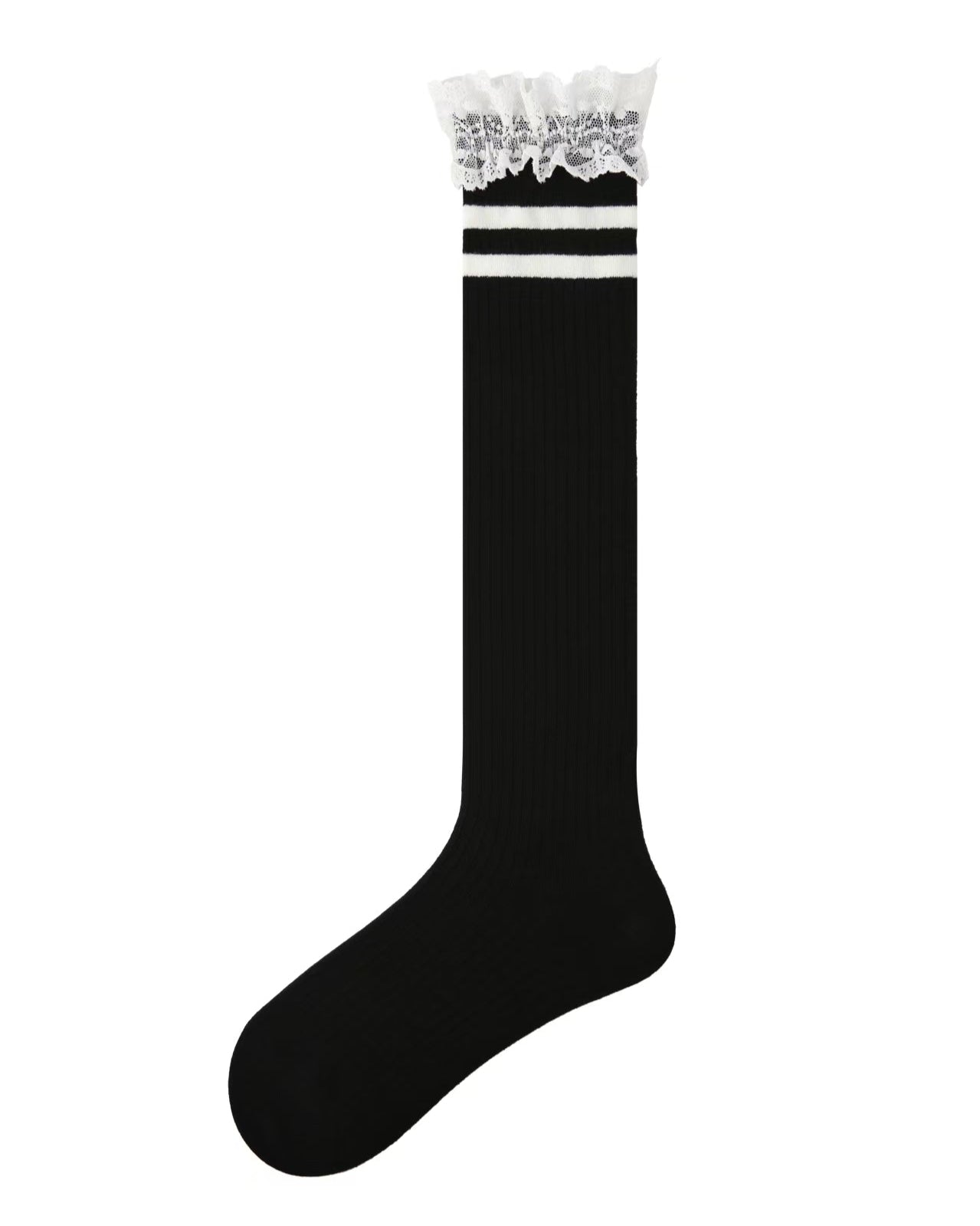 Women Knee High Socks Lace Stripe Cotton Cute Chic Style - SWEET NANA