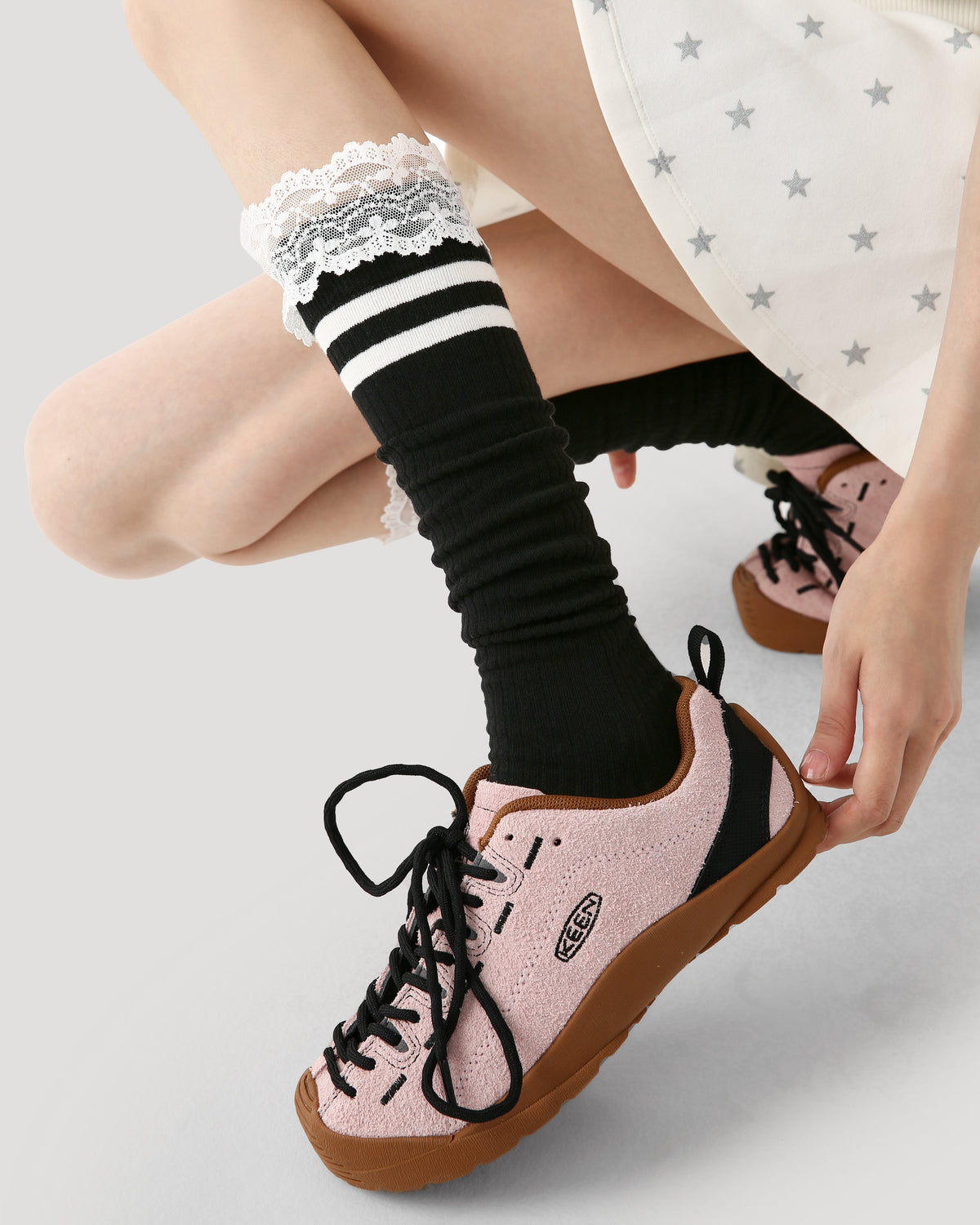 Women Knee High Socks Lace Stripe Cotton Cute Chic Style