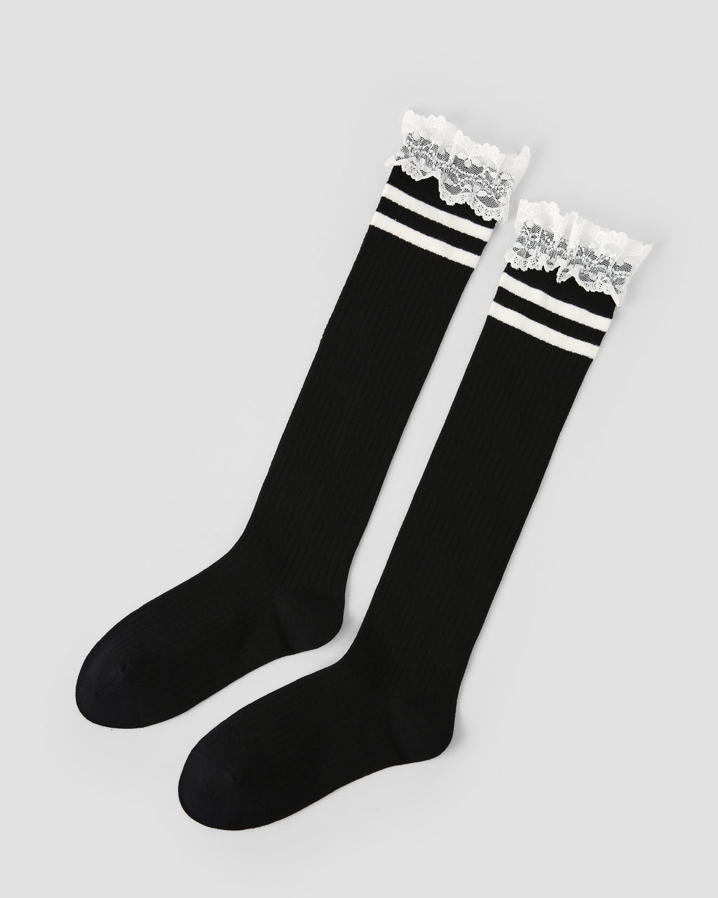 Women Knee High Socks Lace Stripe Cotton Cute Chic Style - SWEET NANA