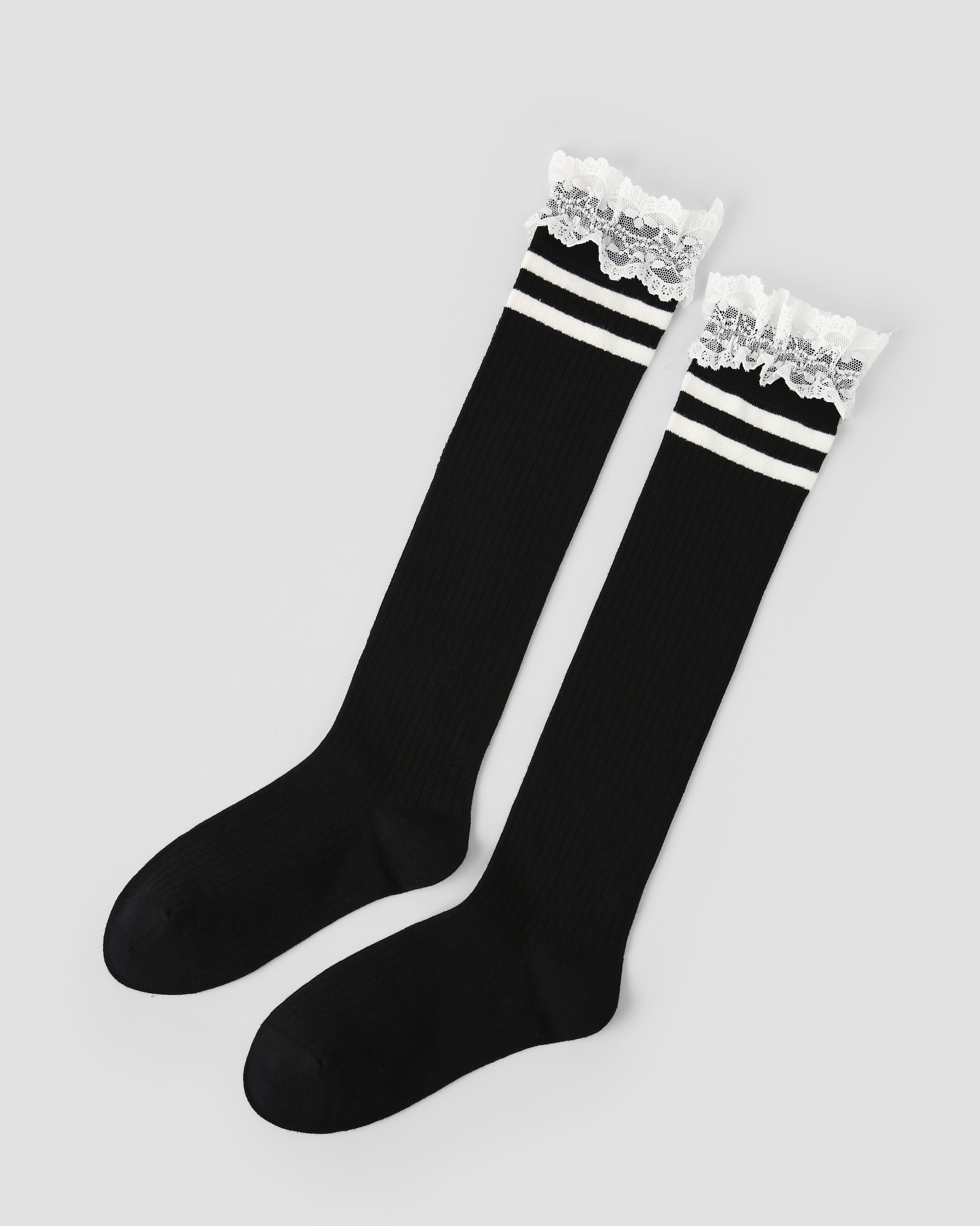 Women Knee High Socks Lace Stripe Cotton Cute Chic Style - SWEET NANA
