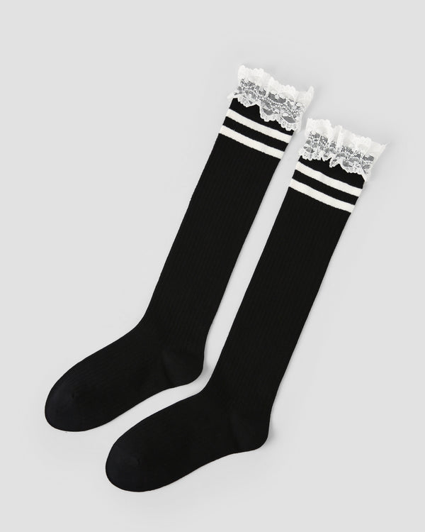 Women Knee High Socks Lace Stripe Cotton Cute Chic Style - SWEET NANA