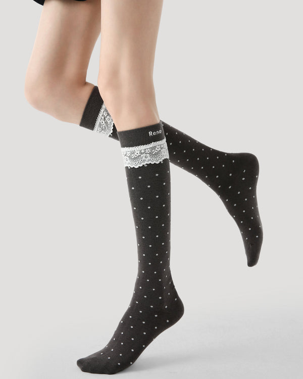 Women Knee High Socks Polka Dot Lace Cotton Cute Chic Style - SWEET NANA