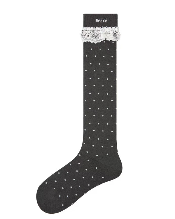 Women Knee High Socks Polka Dot Lace Cotton Cute Chic Style - SWEET NANA
