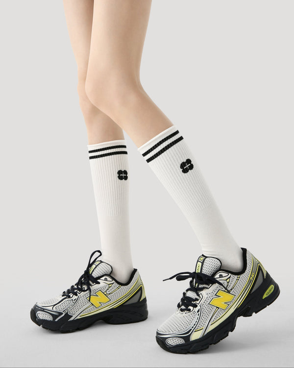 Women Knee High Socks White Cotton Simple Striped Casual - SWEET NANA
