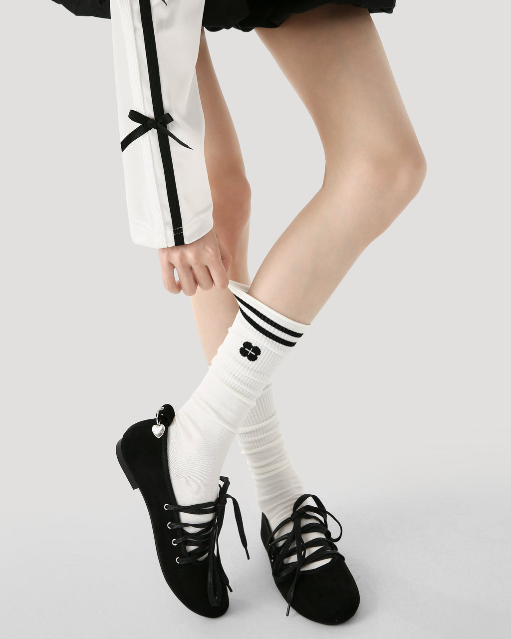 Women Knee High Socks White Cotton Simple Striped Casual - SWEET NANA