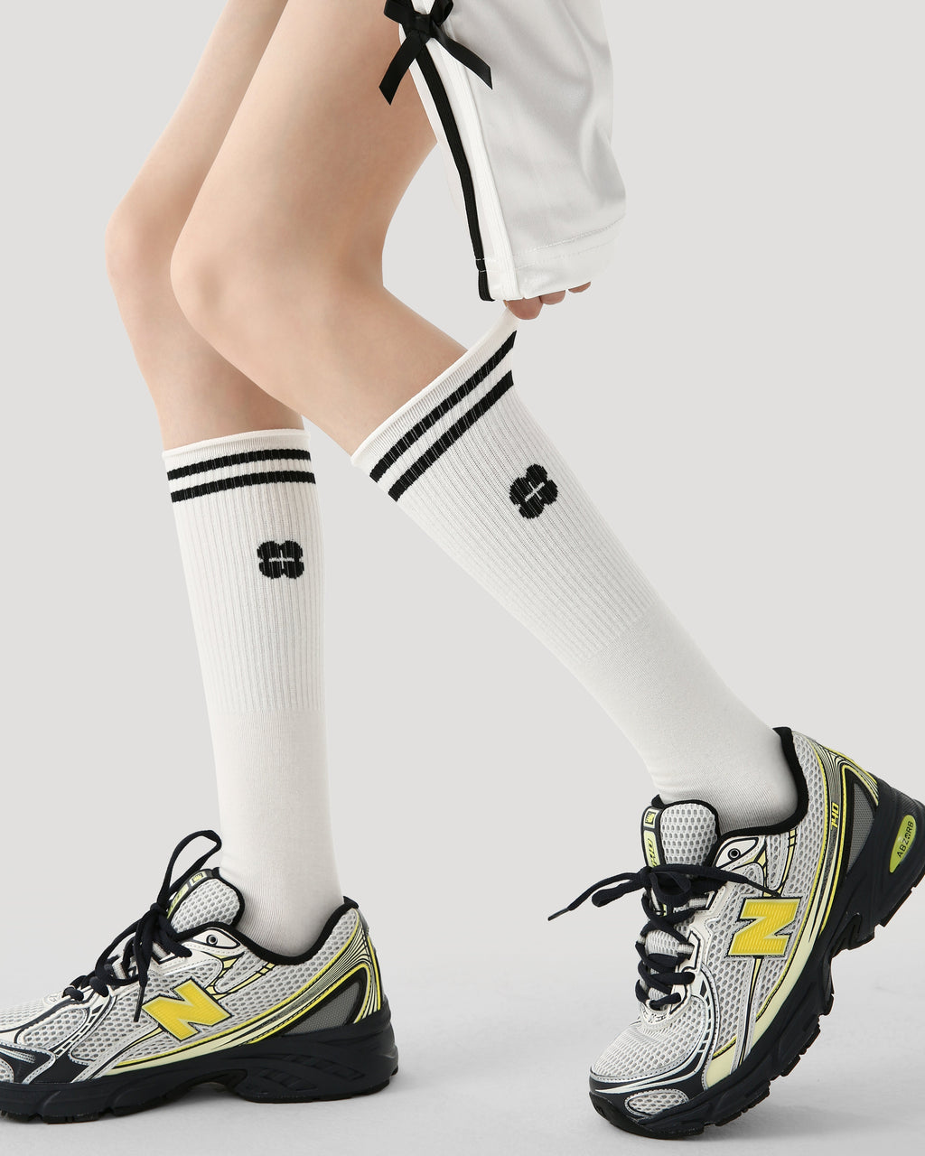 Women Knee High Socks White Cotton Simple Striped Casual - SWEET NANA