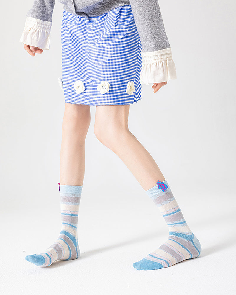 3-Pack Women Cotton Crew Socks Thin Cute Stripe Casual Versatile - SWEET NANA