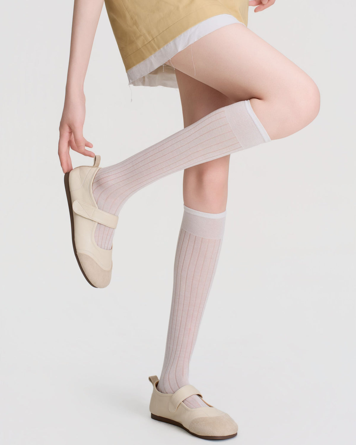 Womens Knee High Socks Lyocell Mulberry Silk Ribbed Stripe Sheer Breathable