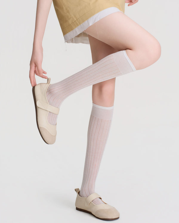 Womens Knee High Socks Lyocell Mulberry Silk Ribbed Stripe Sheer Breathable