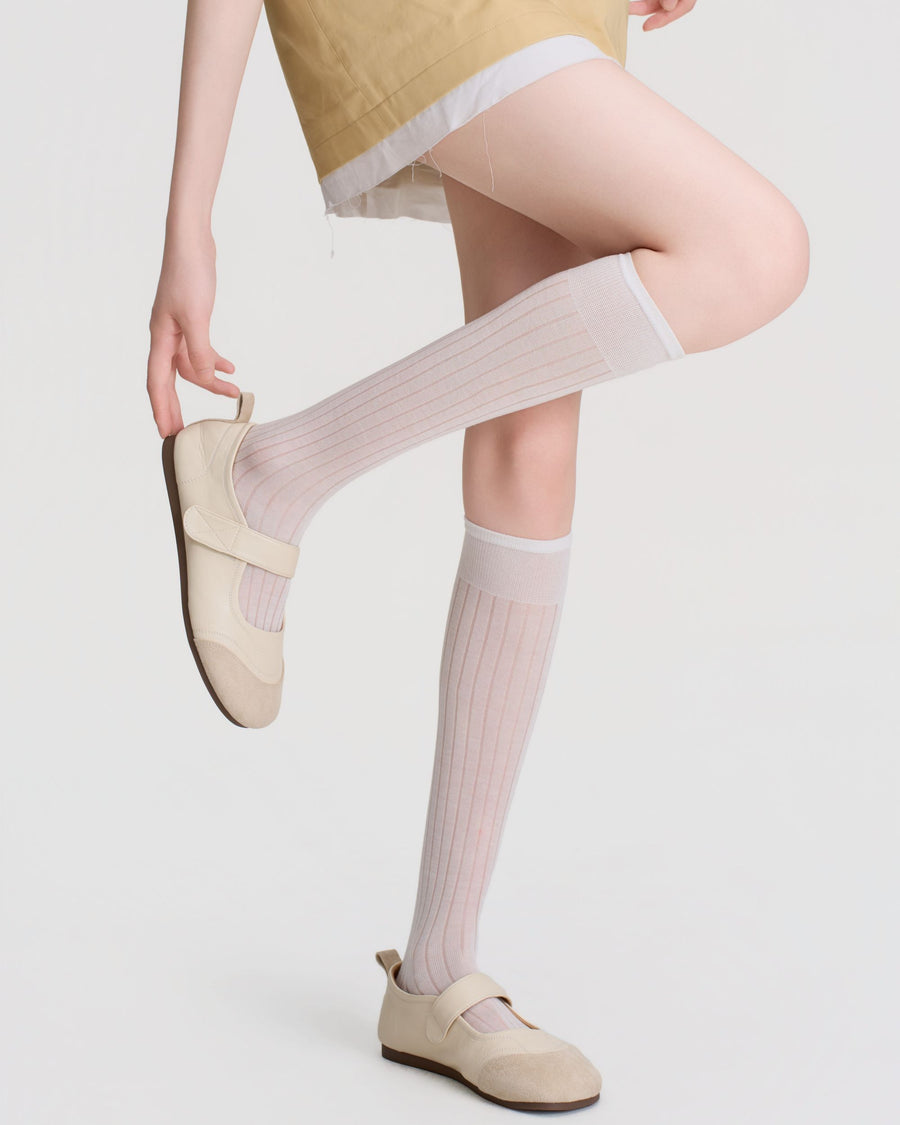 Womens Knee High Socks Lyocell Mulberry Silk Ribbed Stripe Sheer Breathable