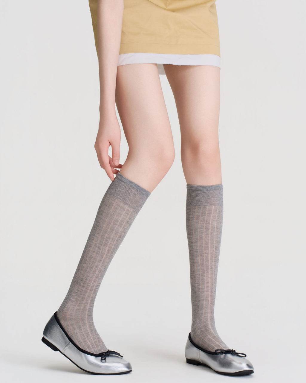 Womens Knee High Socks Lyocell Mulberry Silk Ribbed Stripe Sheer Breathable