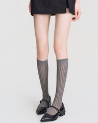 Womens Calf Socks Lyocell Mulberry Silk Ribbed Stripe Sheer Breathable
