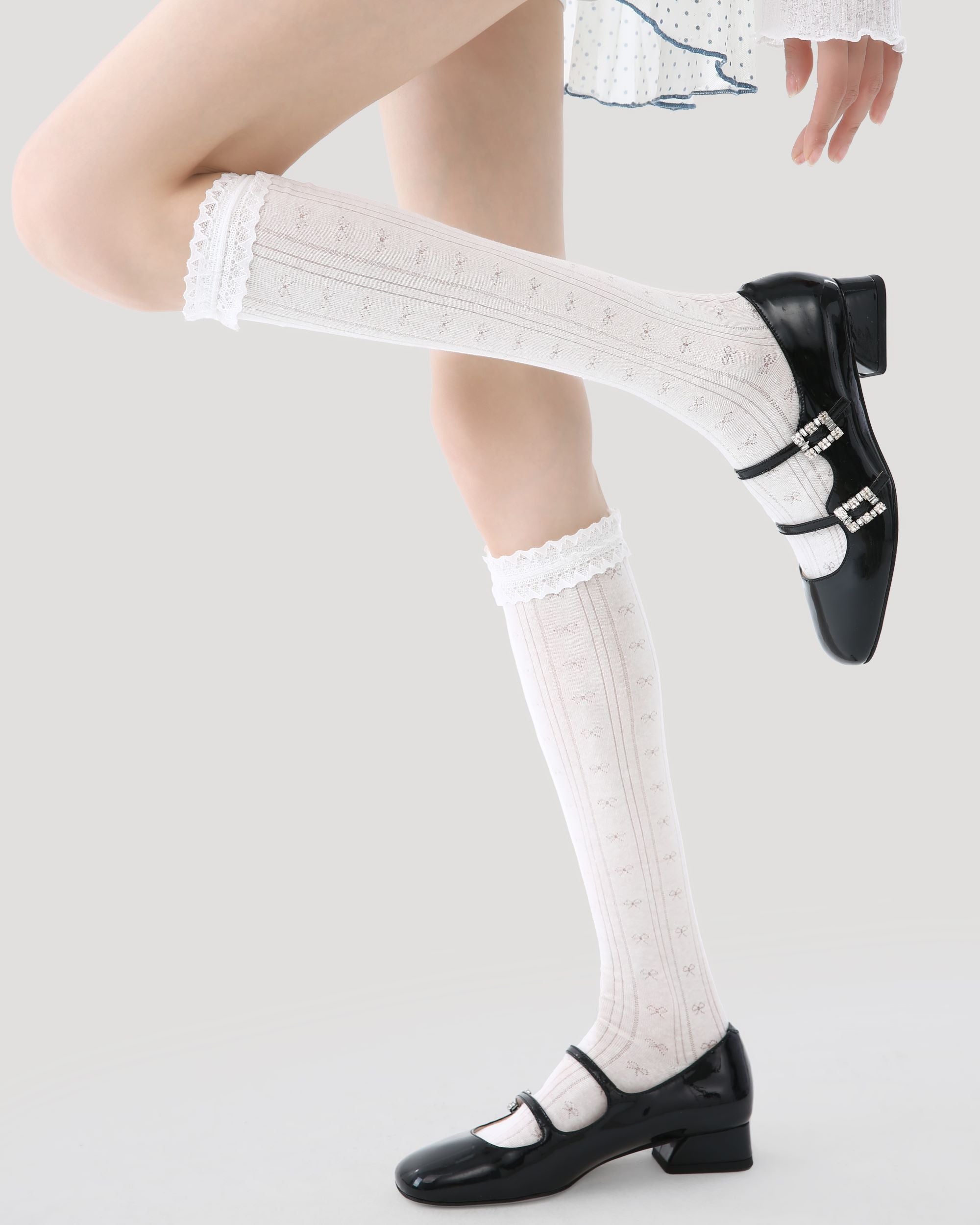 Womens Calf Socks White Lace Ruffle Mesh Ribbed Everyday Combed Cotton