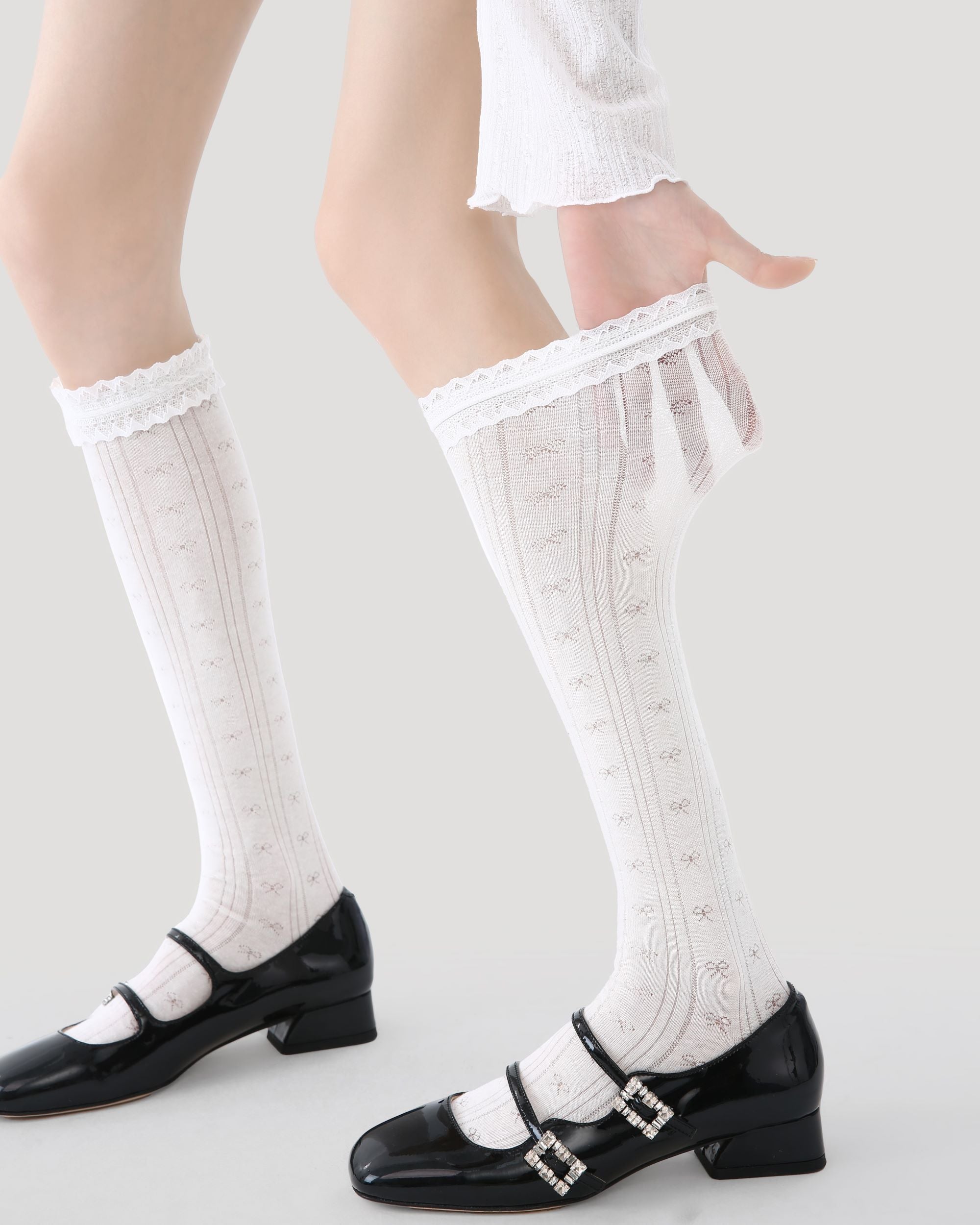 Womens Knee High Socks White Lace Ruffle Mesh Ribbed Everyday Combed Cotton Secondary image