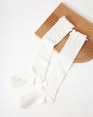 Womens Calf Socks White Lace Ruffle Mesh Ribbed Everyday Combed Cotton