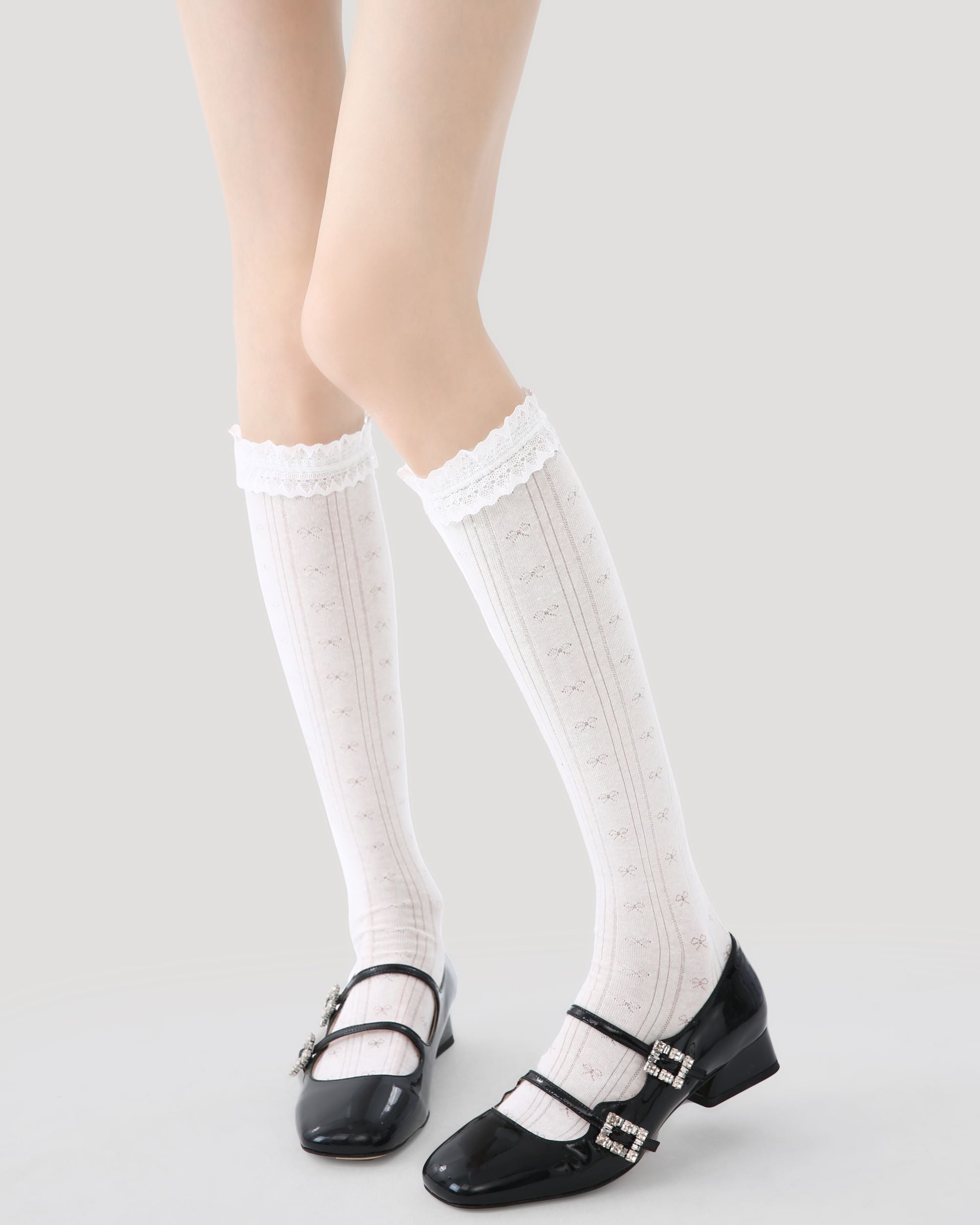 Womens Calf Socks White Lace Ruffle Mesh Ribbed Everyday Combed Cotton