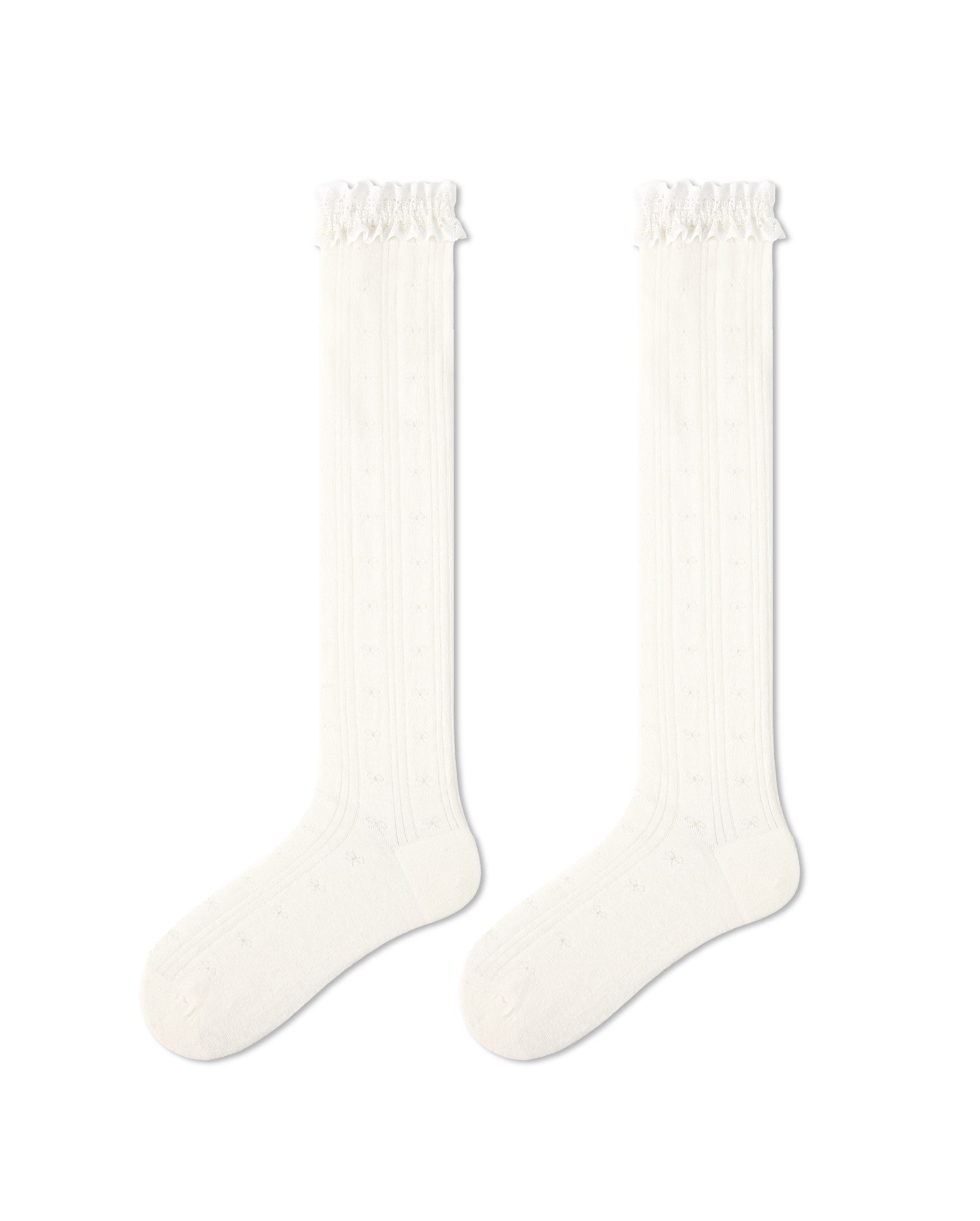 Womens Calf Socks White Lace Ruffle Mesh Ribbed Everyday Combed Cotton