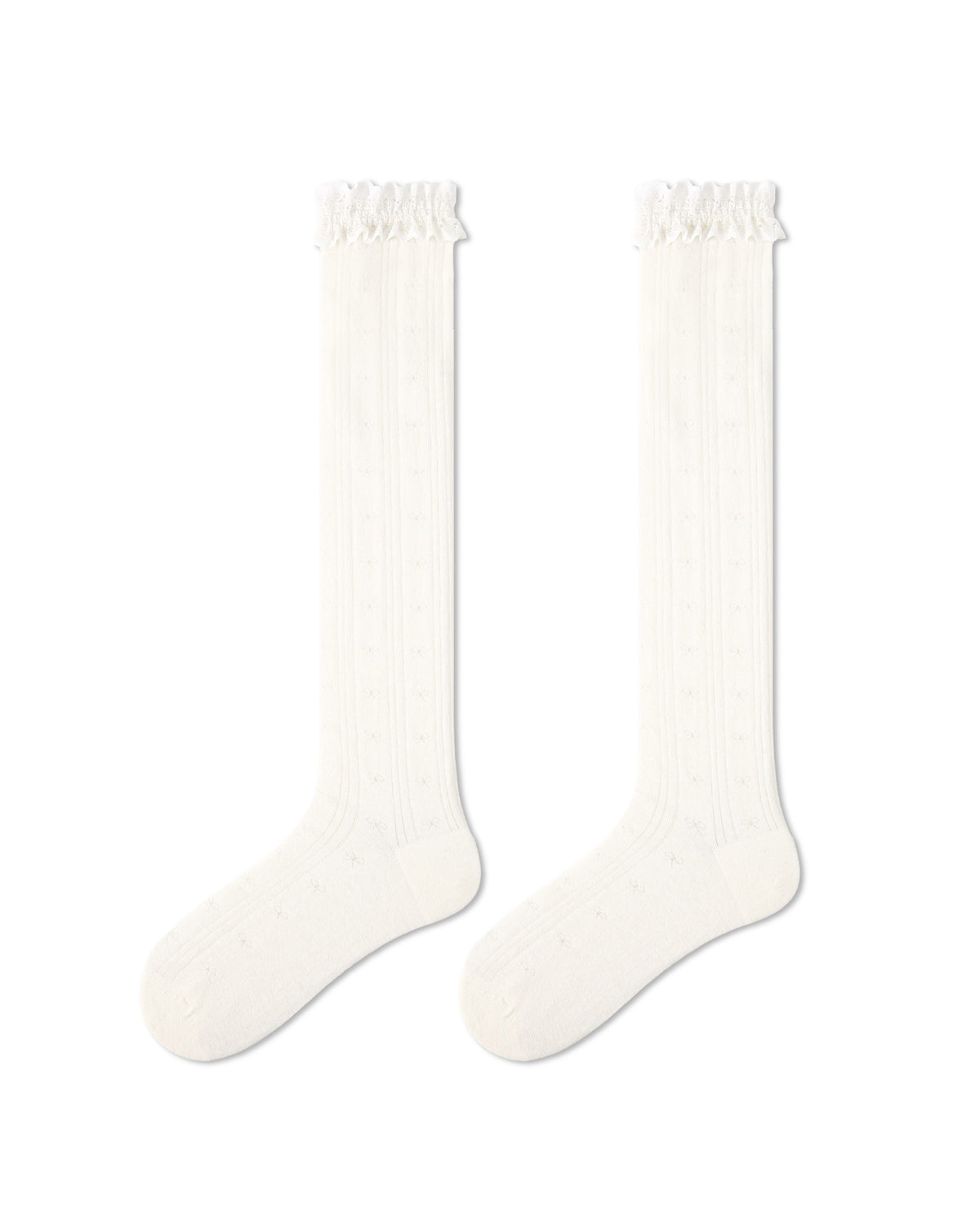 Womens Calf Socks White Lace Ruffle Mesh Ribbed Everyday Combed Cotton