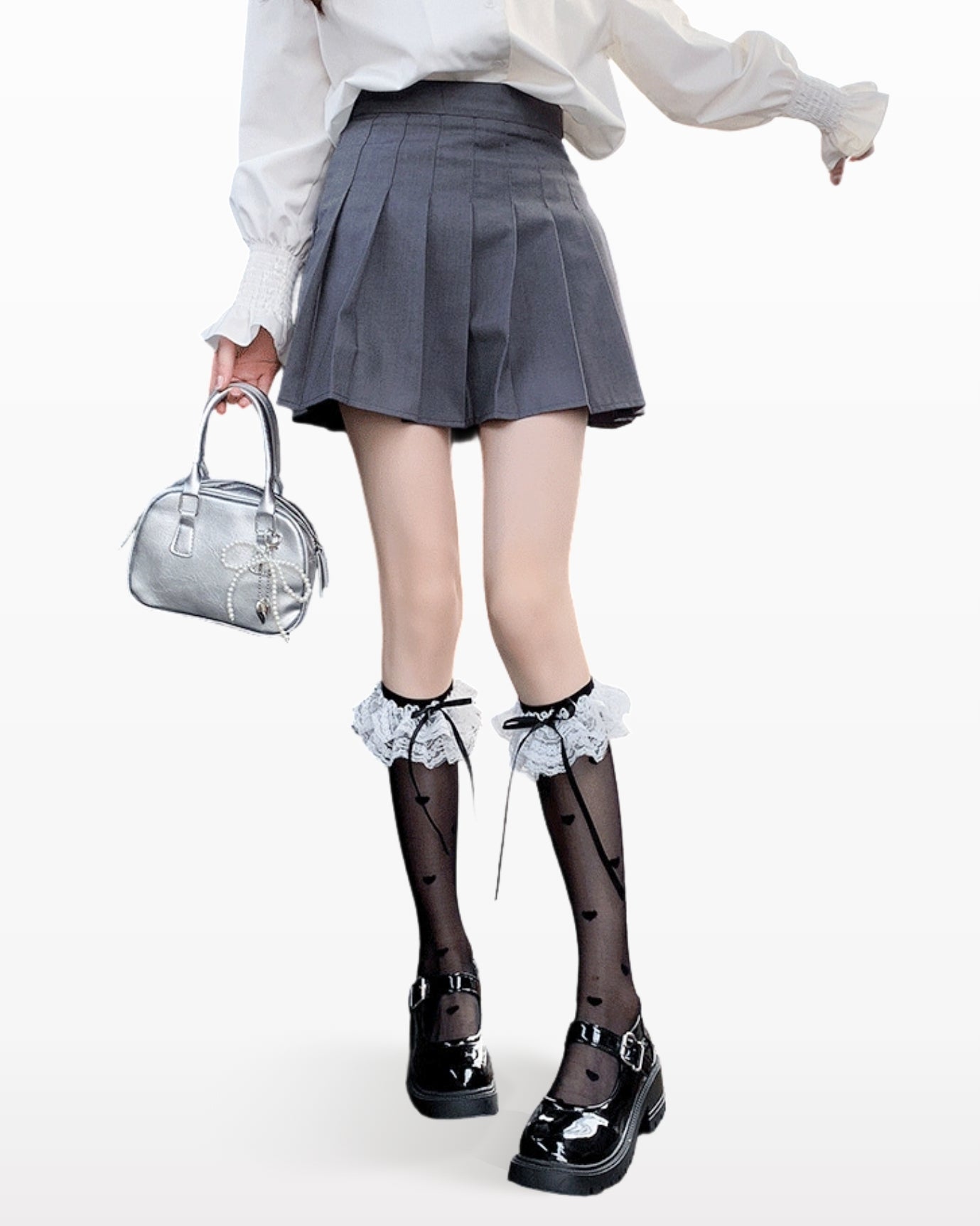 Womens Calf Socks White Heart Lace Bow Cooling Comfortable - SWEET NANA Main image