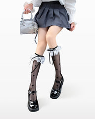 Womens Calf Socks White Heart Lace Bow Cooling Comfortable