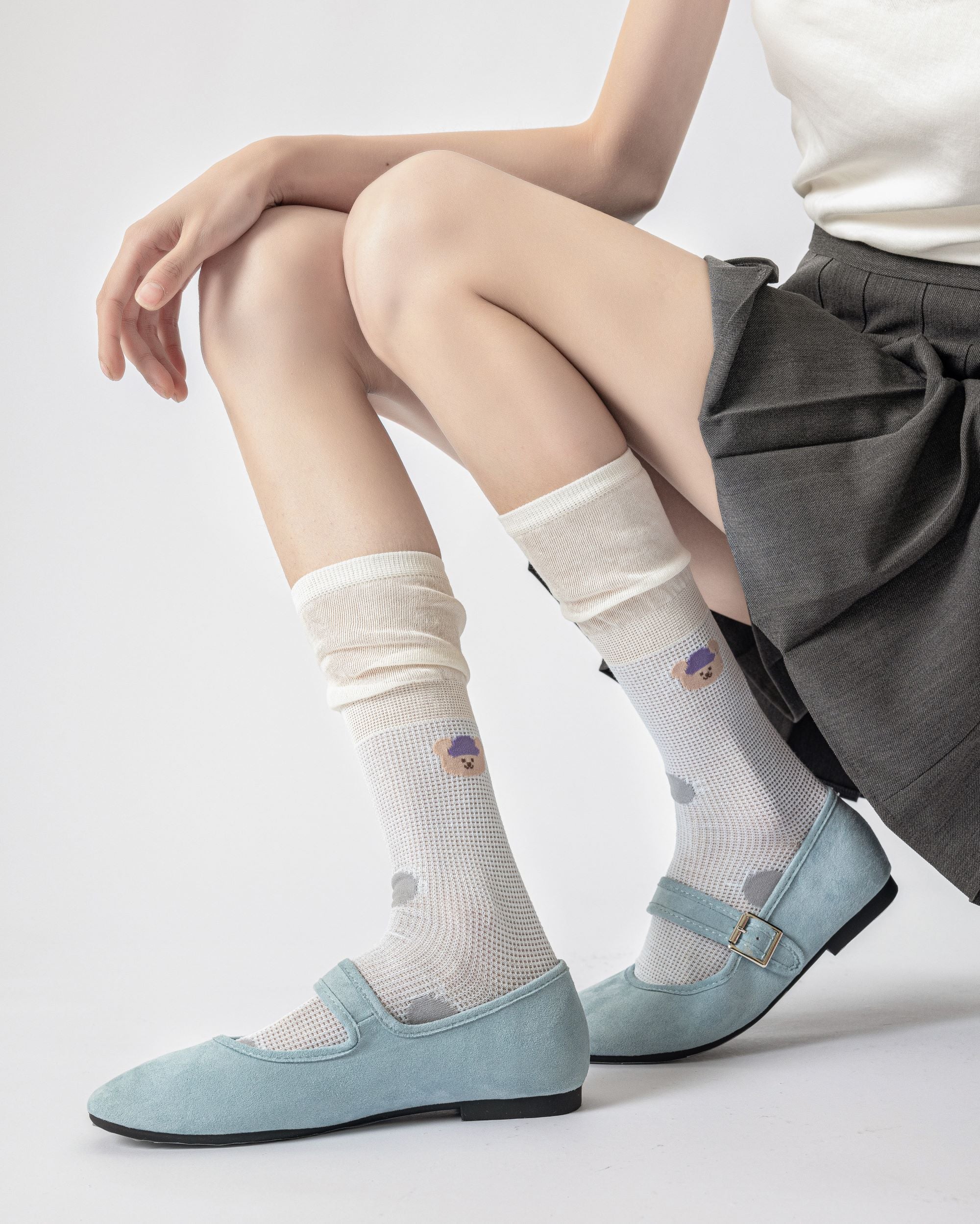 Womens Crew Socks Big Polka Bear Stack Mesh Cute Sheer Socks - SWEET NANA