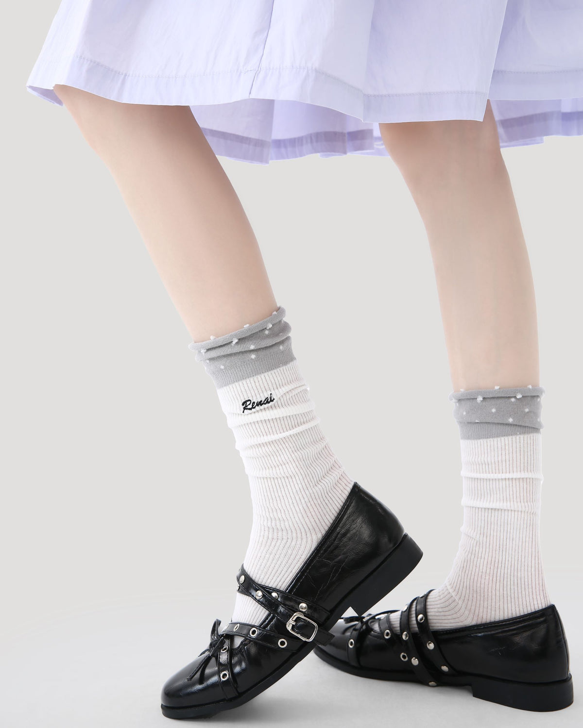 Womens Crew Socks Color Cuff Polka Dot Slouchy White Combed Cotton
