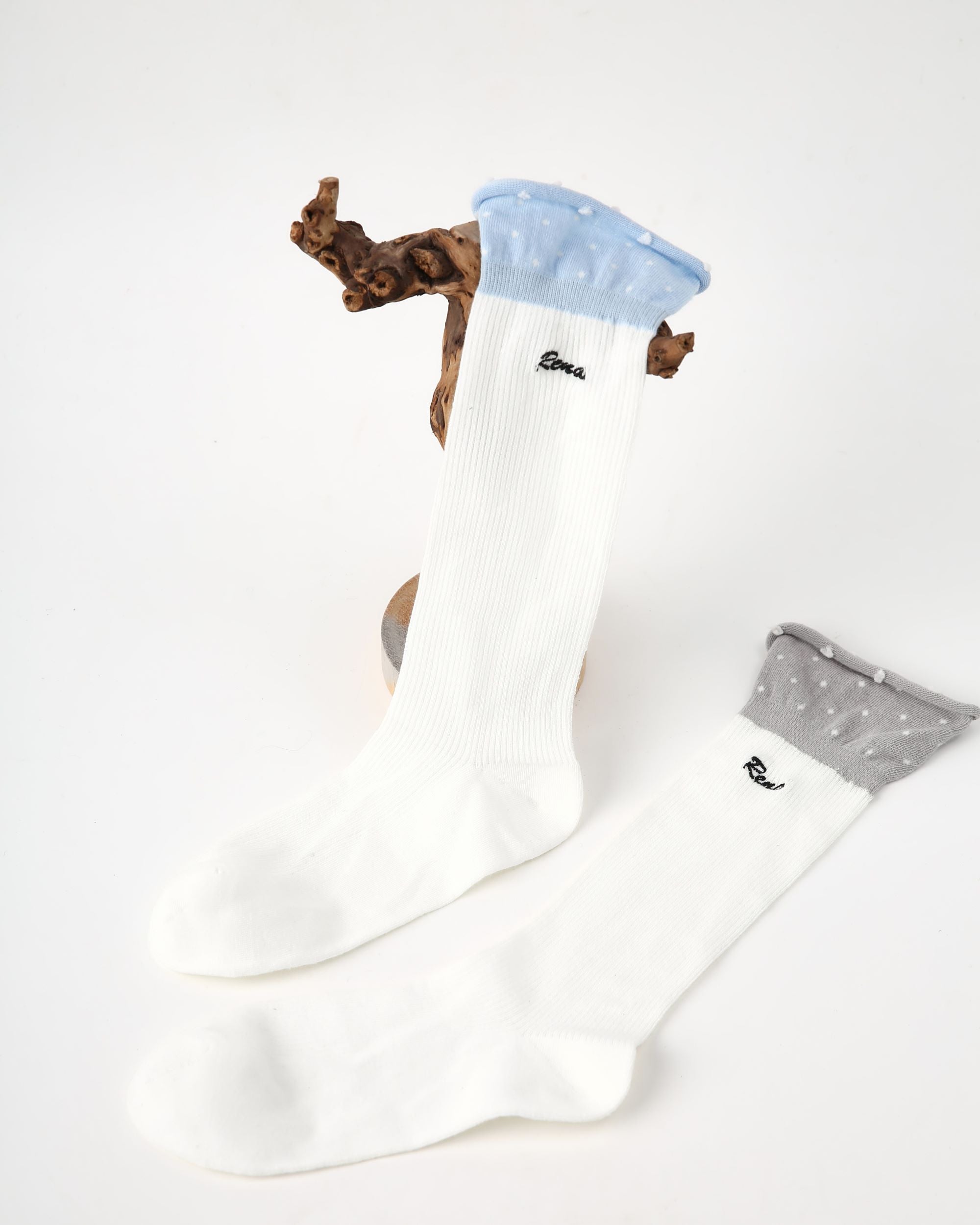 Womens Crew Socks Color Cuff Polka Dot Slouchy White Combed Cotton