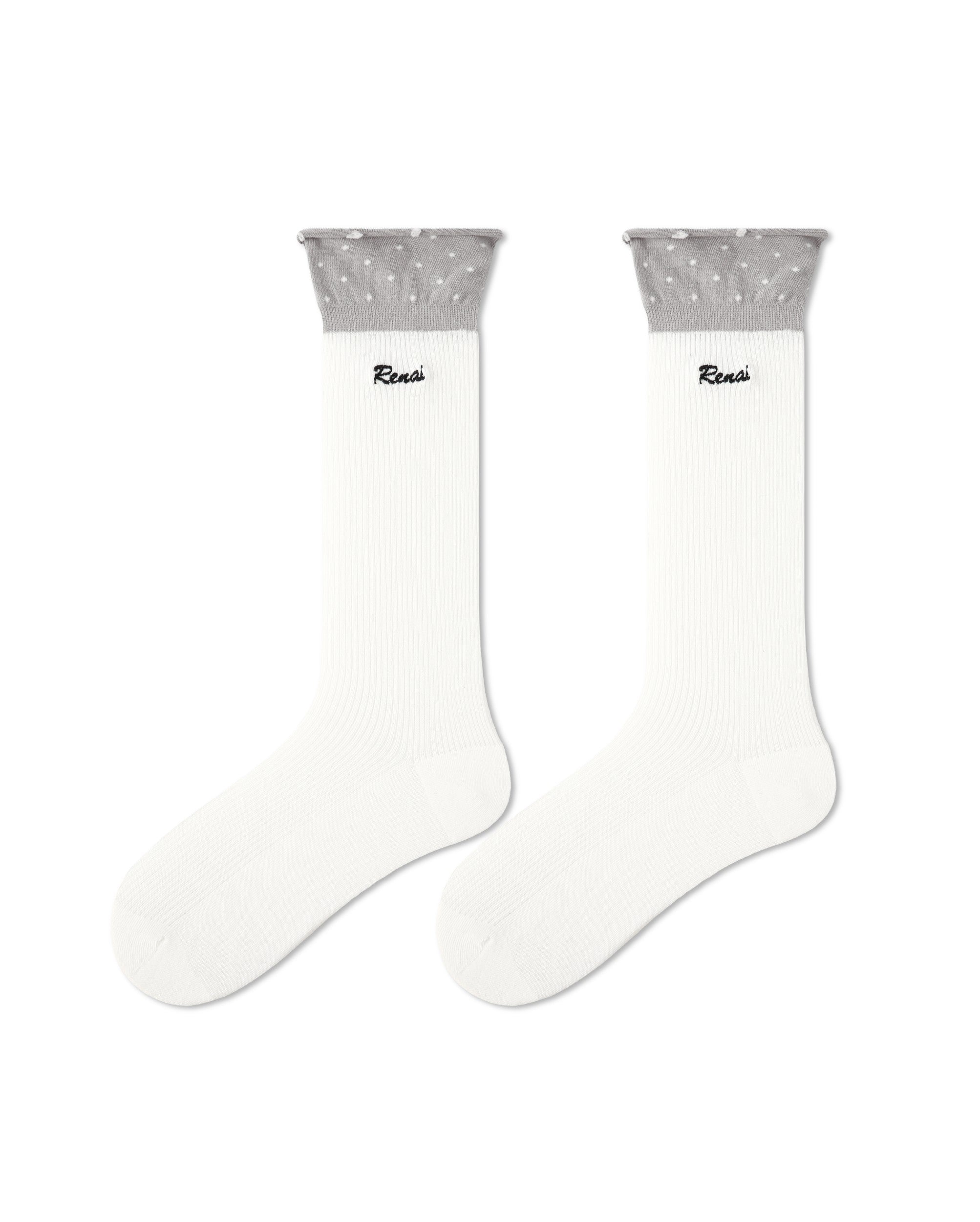 Womens Crew Socks Color Cuff Polka Dot Slouchy White Combed Cotton